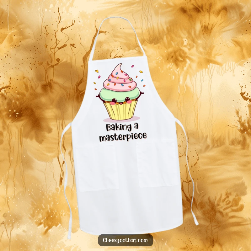 Funny apron showing a cheerful cupcake character happily juggling colorful sprinkles, ready for baking fun.