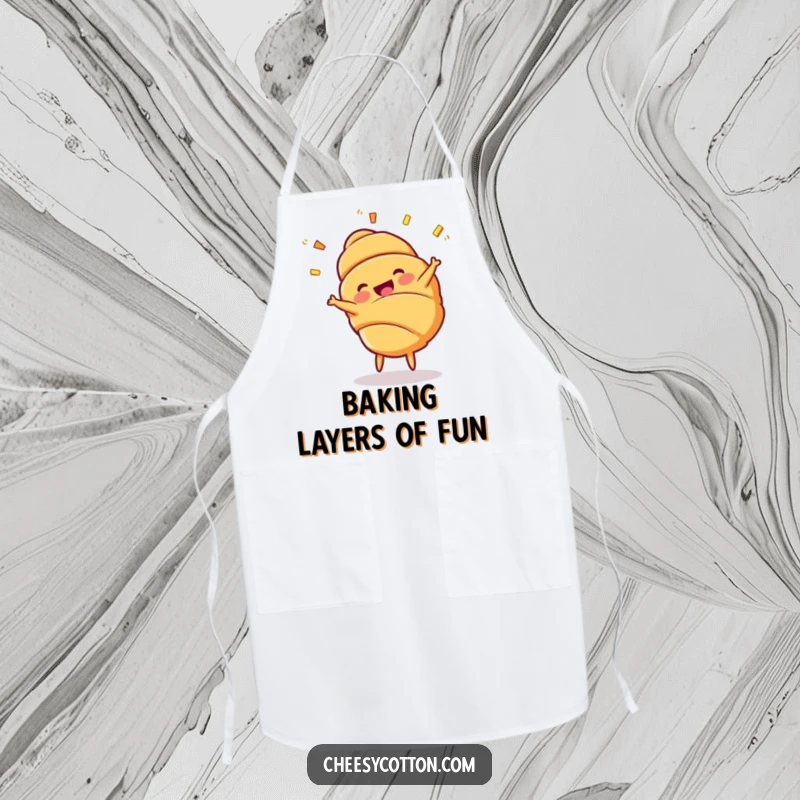 Funny Croissant Cartwheel Apron: A practical apron featuring a cheerful croissant character mid-cartwheel with flaky layers flying.