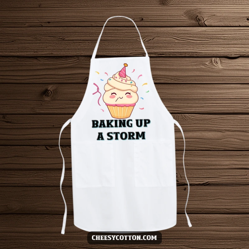 Funny apron with a happy cupcake character blowing colorful party streamers, adding a festive and humorous element to baking.