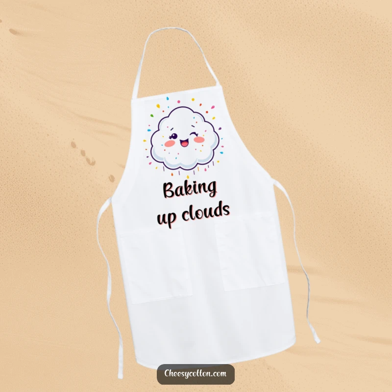 Funny Apron with a giggling cloud character showering colorful sprinkles, ideal for adding a sweet and playful touch to cooking.
