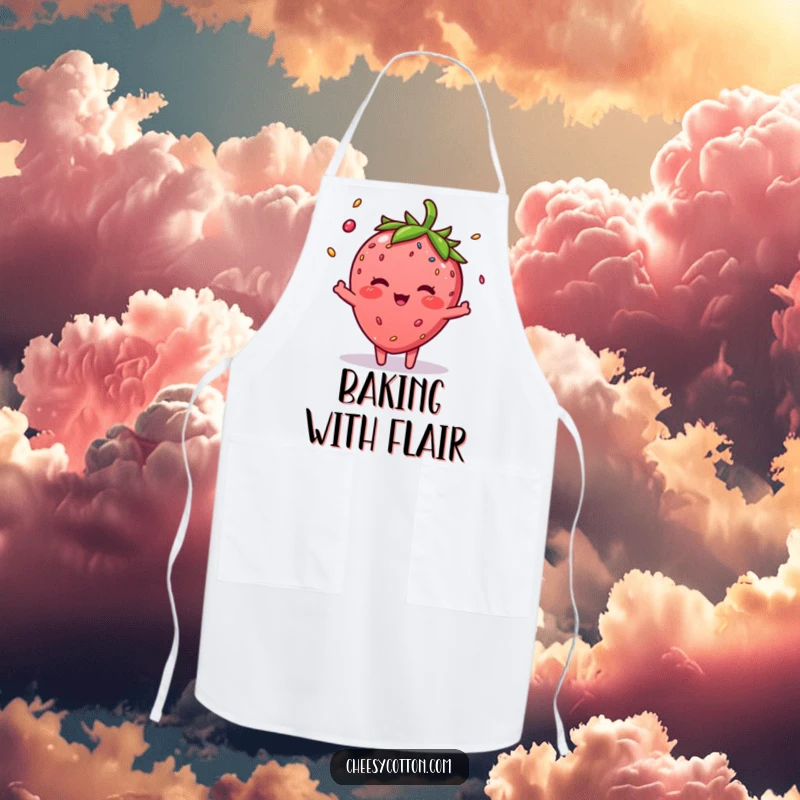 Funny Strawberry Sprinkle Apron: A practical apron featuring a blushing strawberry character juggling three colorful sprinkles.