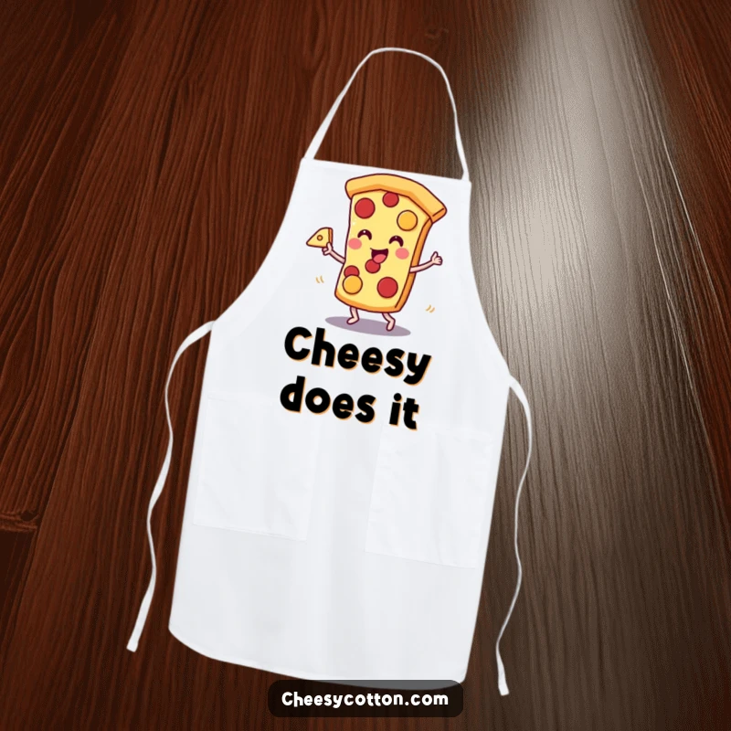 Funny kawaii pizza slice character dancing with cheese, featured as a charming culinary funny apron, ideal funny gift.