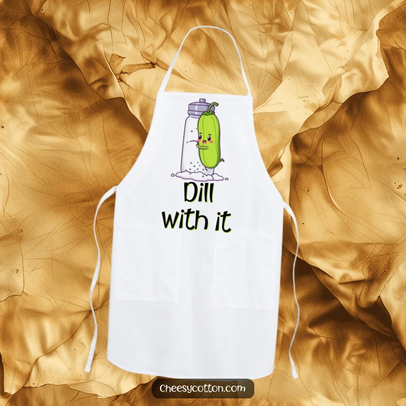 Funny apron showing a determined pickle character comically climbing a giant salt shaker, perfect for kitchen adventures and humorous cooking.