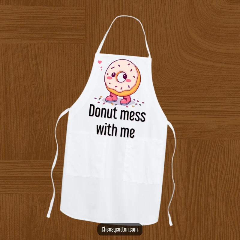 Funny apron showing a confused donut character comically stepping in sprinkles while wearing tiny boots, perfect for kitchen fun and humorous baking.