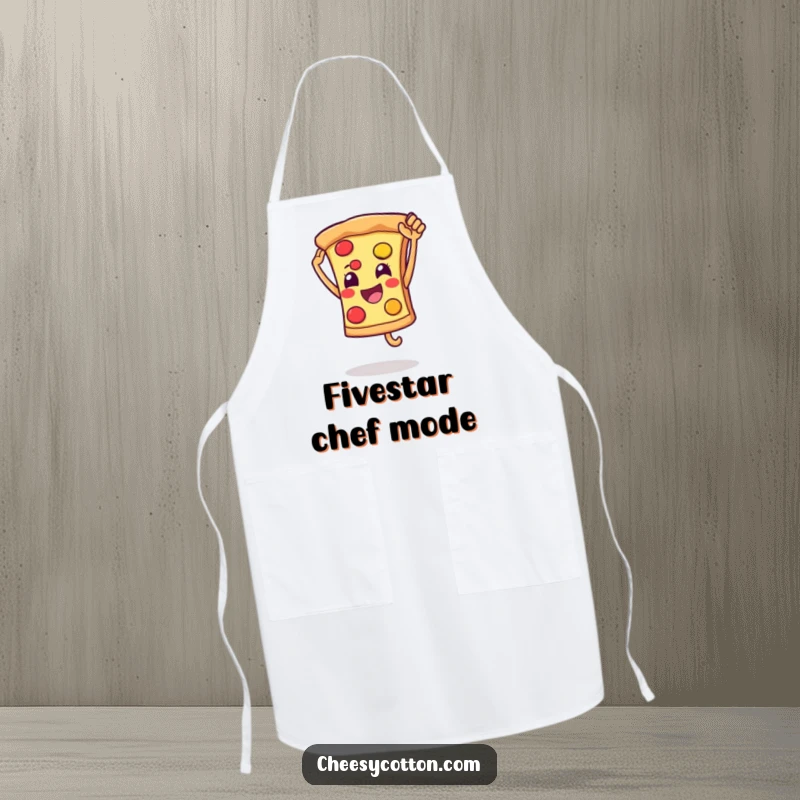 Funny apron featuring a smiling pizza slice character leaping for a high five, perfect for joyful cooking and kitchen parties.