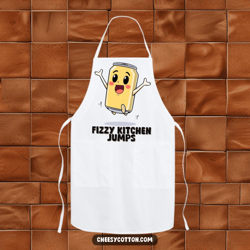 Funny Apron: An excited soda can high-jumping brings energetic, fizzy fun to cooking activities, making meal prep a lively event.
