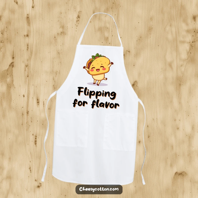 Funny Apron showing a cute kawaii taco character winking while in the middle of a cartwheel, ready for kitchen fun.