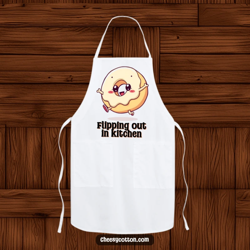 Funny kawaii doughnut performing a cartwheel, printed on a practical apron for kitchen fun and culinary humor.