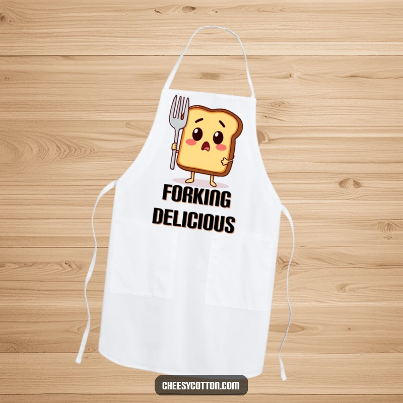 Funny apron showing a surprised toast character holding a giant fork, ready to take on any recipe with comical apprehension.