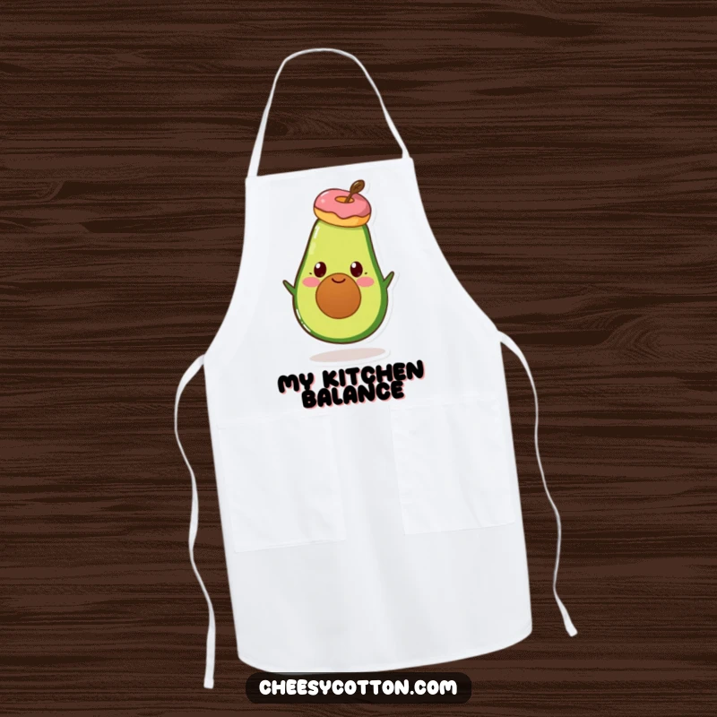 Funny Avocado Donut Apron: A practical apron featuring a smiling avocado character with a donut balanced on its head.