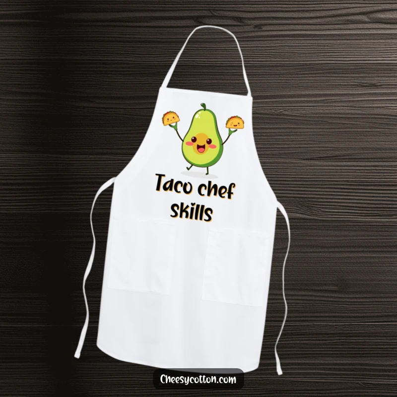 Funny avocado taco juggling apron, featuring a cute avocado juggling tacos, perfect for cheerful cooking and parties.
