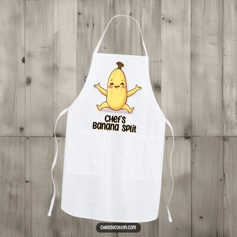 Funny apron featuring a smiling banana character doing a playful split, perfect for kitchen fun.
