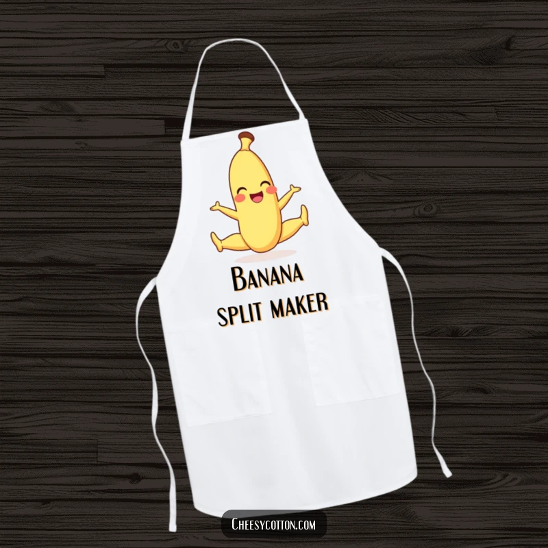 Funny apron depicting a smiling banana character in a playful split, adding humor to the kitchen.