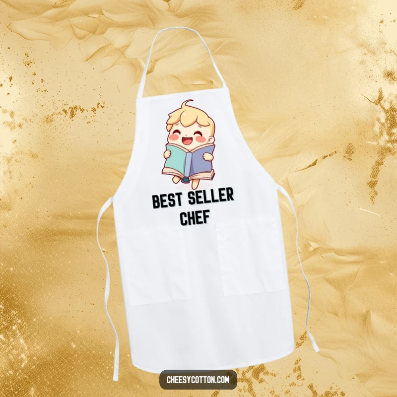 Funny kitchen apron featuring a joyful book character happily flipping its pages, making cooking a delightful and literary experience.