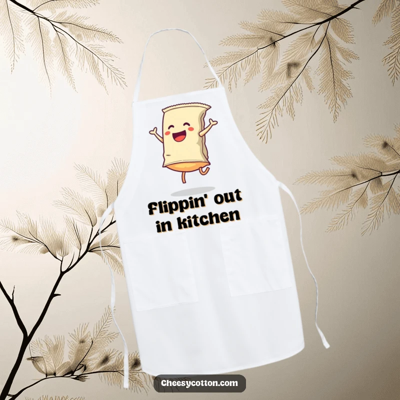Funny Apron: A chip bag performs a cartwheel, bringing energetic and playful vibes to cooking and kitchen activities for humorous chefs.