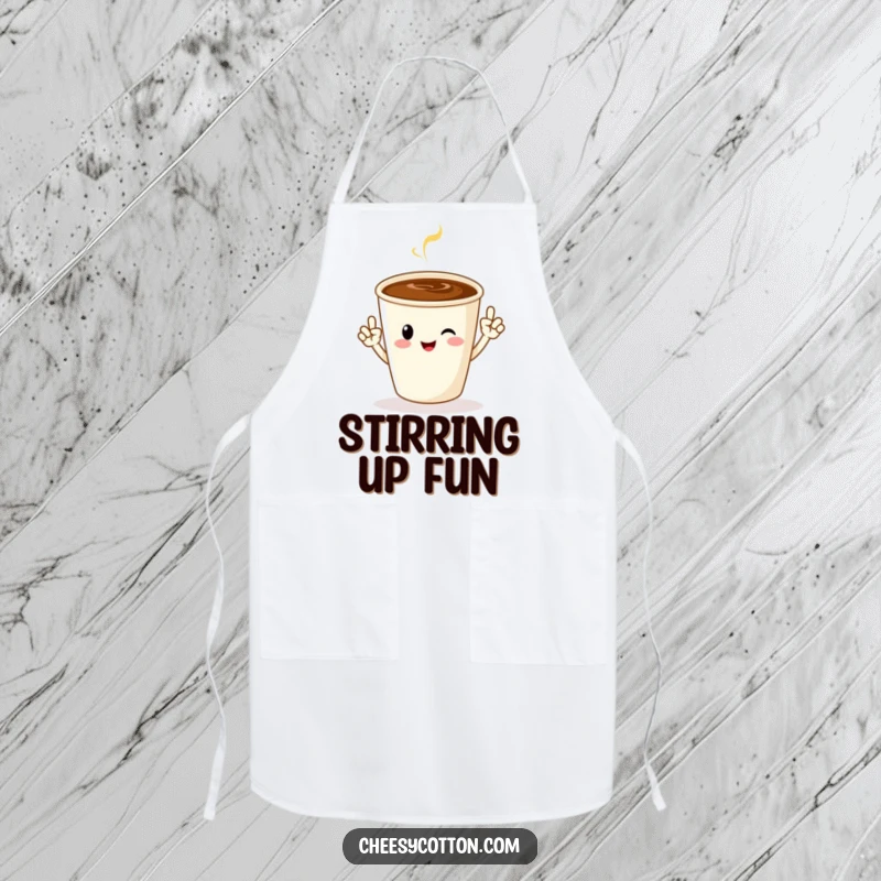 Funny apron showing a cheerful coffee cup character performing jazz hands, ready to serve up smiles and delicious food.