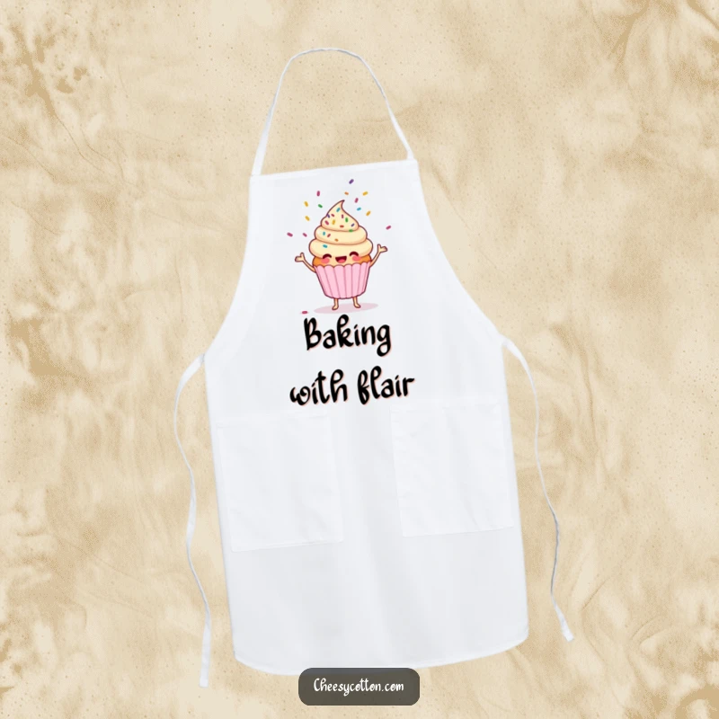 Funny cupcake character juggling sprinkles while wearing a chef's hat on a practical kitchen apron.