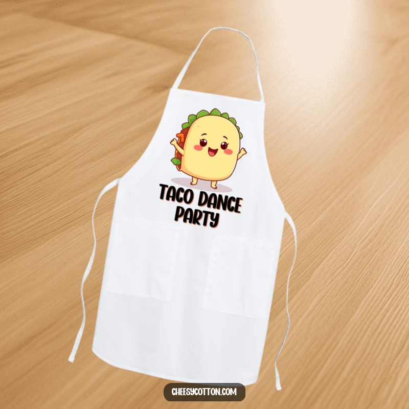 Funny apron showcasing a happy taco character doing a silly dance while cooking, its filling jiggling with excitement for delicious food.