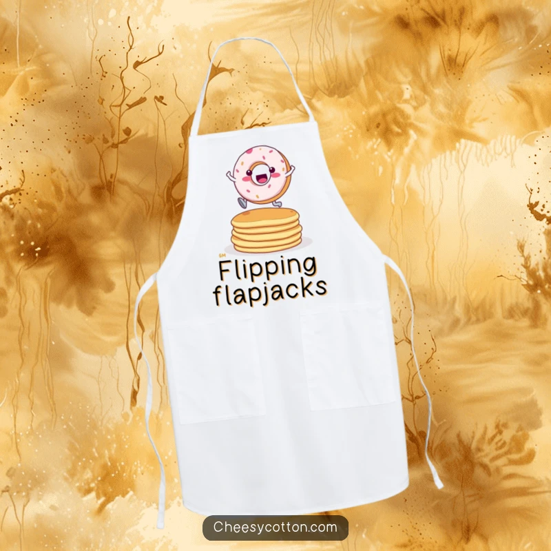 Funny Donut Pancake Leap Apron: A practical apron featuring a determined donut character leaping over a stack of pancakes.