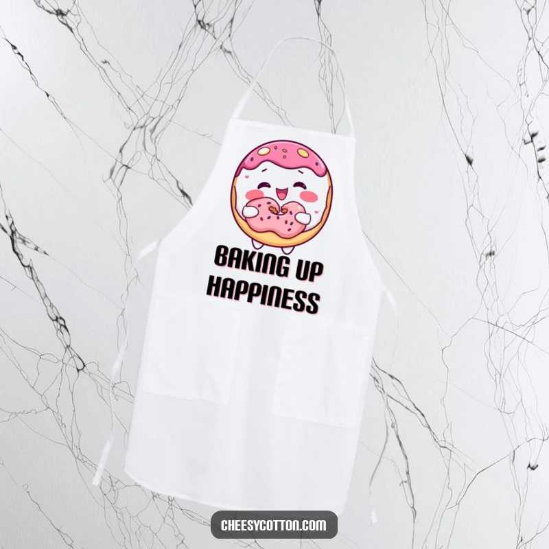 Funny donut character sharing a donut, printed on a kitchen apron for humorous and sweet baking.