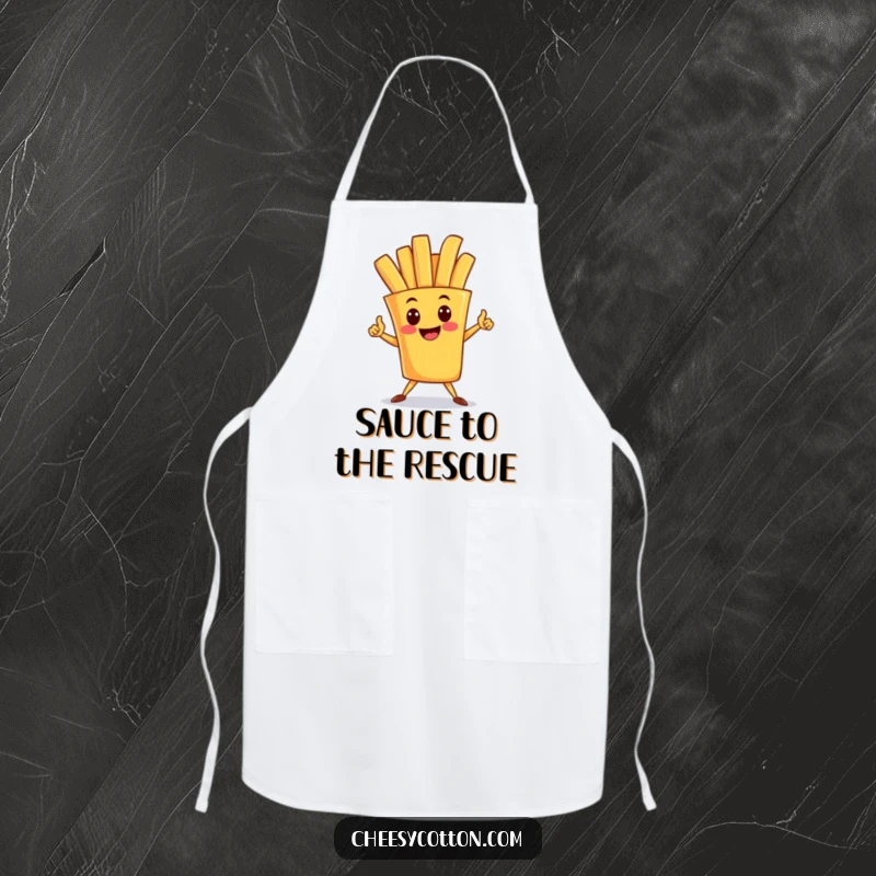 Funny apron featuring a happy french fry character striking a superhero pose, perfect for bold cooking and kitchen adventures.