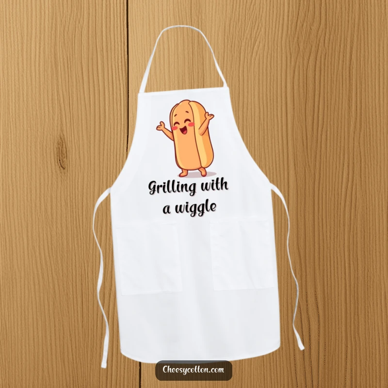 Funny Hot Dog Apron: A hot dog character performs a silly dance move, adding a touch of playful humor and fun to your kitchen attire.