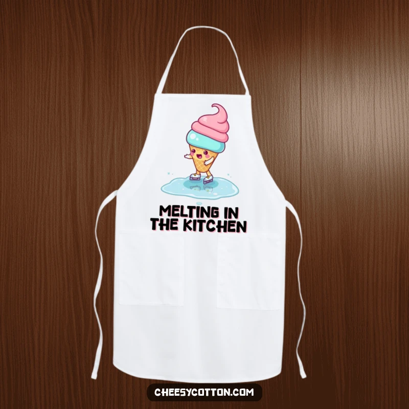 Funny Apron featuring a playful ice cream cone character attempting to ice skate on a puddle, ideal for fun kitchen activities.