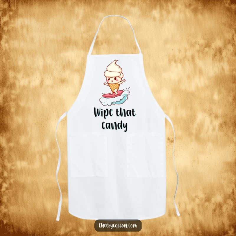 Funny ice cream cone surfing a candy wave, a humorous and practical apron for kitchen fun.