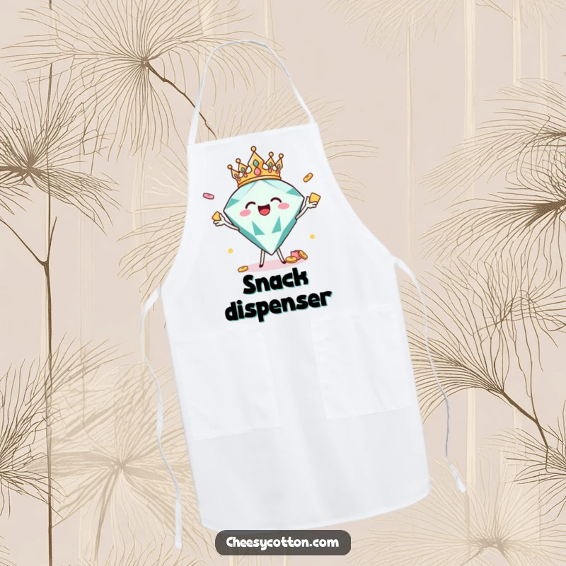 Funny crowned diamond character tossing snacks, a humorous and practical apron for kitchen fun.