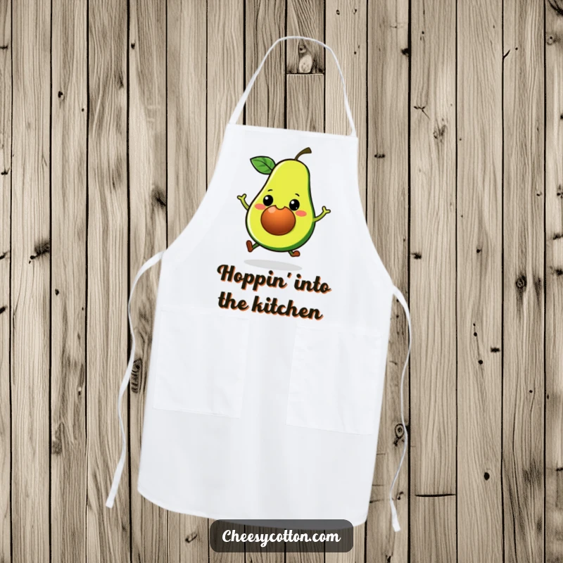 Funny Kawaii Avocado Apron: A playful, hopping avocado illustration on a chef's apron, perfect for a fun cooking experience.