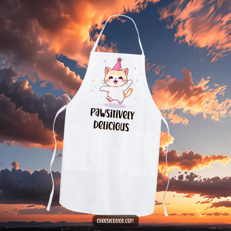 Funny apron with a Kawaii cat wearing a party hat, joyfully leaping through glitter, ready for kitchen adventures.