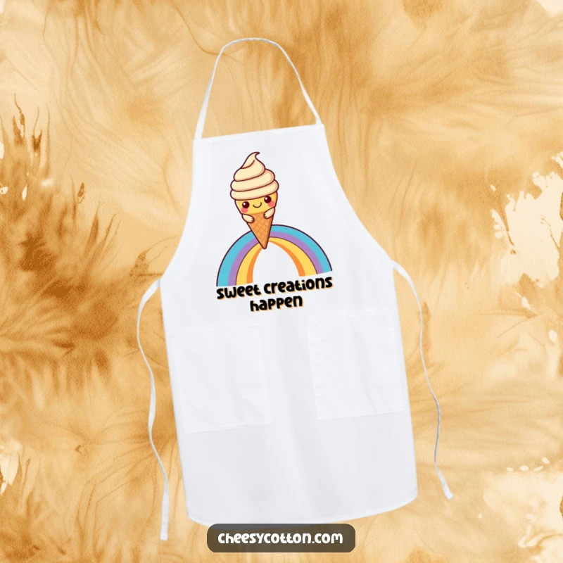 Funny Kawaii Ice Cream Apron: A cute kawaii ice cream cone character sliding down a rainbow, wearing a chef hat, ready for sweet treats.