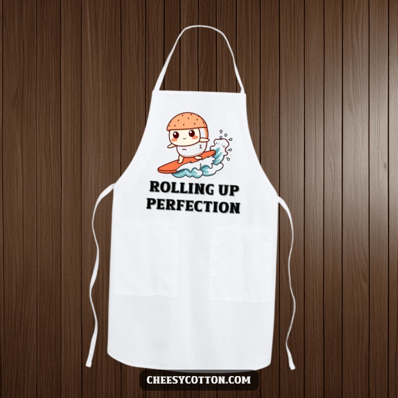 Funny Kawaii Sushi Apron: A cute kawaii sushi character surfing a wave, wearing a chef hat, ready to prepare a tasty meal.