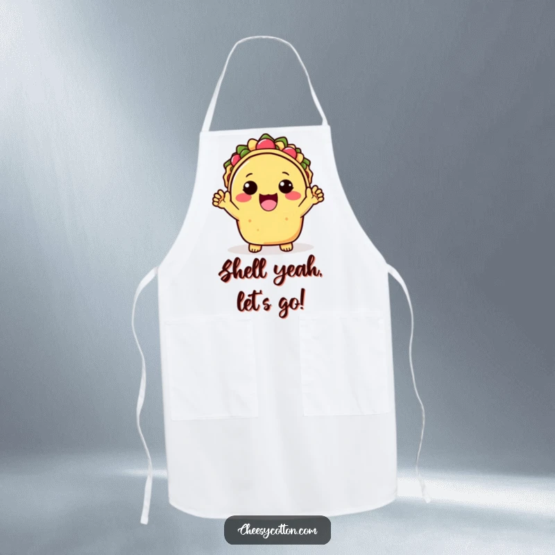 Funny Apron featuring a kawaii taco character happily cheering with both hands, perfect for adding fun and protection while cooking.