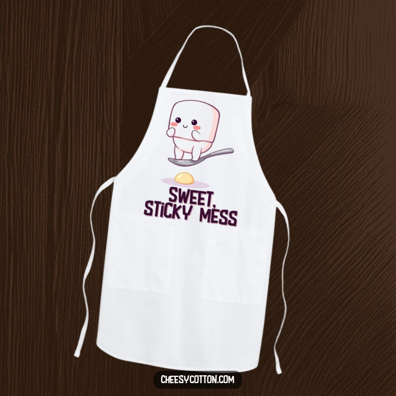 Funny apron showing a bouncy marshmallow character comically balancing on a small spoon, perfect for kitchen fun and humorous cooking sessions.