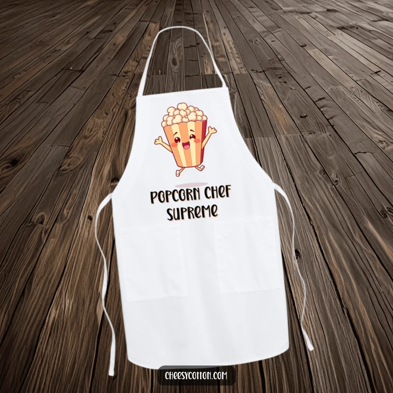 Funny apron featuring a cheerful popcorn bag character joyfully leaping, perfect for themed parties or everyday fun.