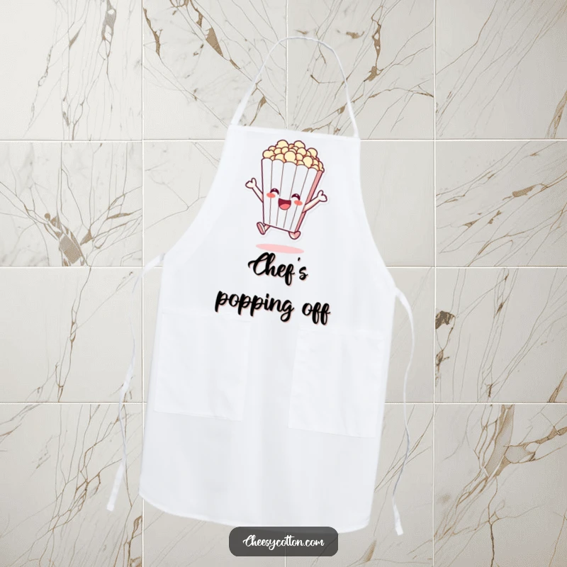 Funny apron featuring a cheerful popcorn bag character joyfully leaping, perfect for kitchen excitement.