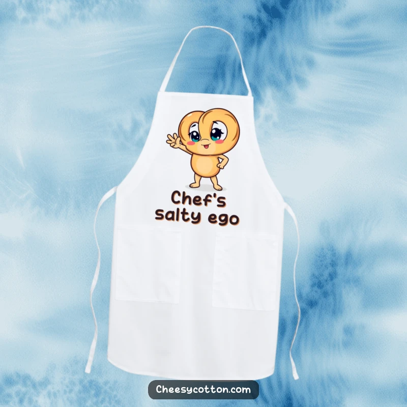Funny apron featuring a pretzel character striking a confident pose, perfect for cooking with attitude.
