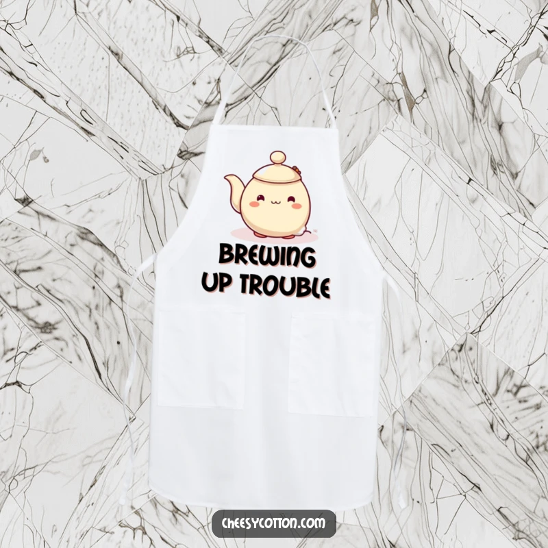 Funny apron showing a shy teapot character comically peeking from behind a steaming teabag, perfect for kitchen moments and gentle humor.