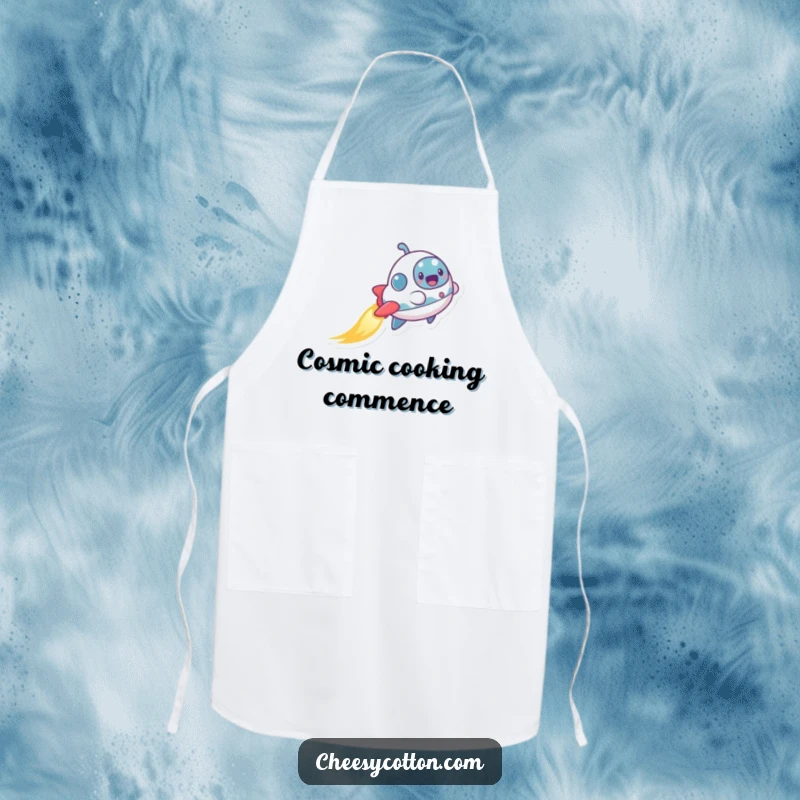 Funny kitchen apron featuring a tiny, excited spaceship character leaving a shimmering trail, making cooking a humorous adventure.