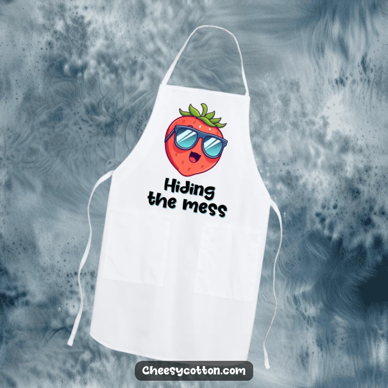 Funny apron with a surprised strawberry character giggling loudly, wearing oversized sunglasses, ideal for kitchen humor.