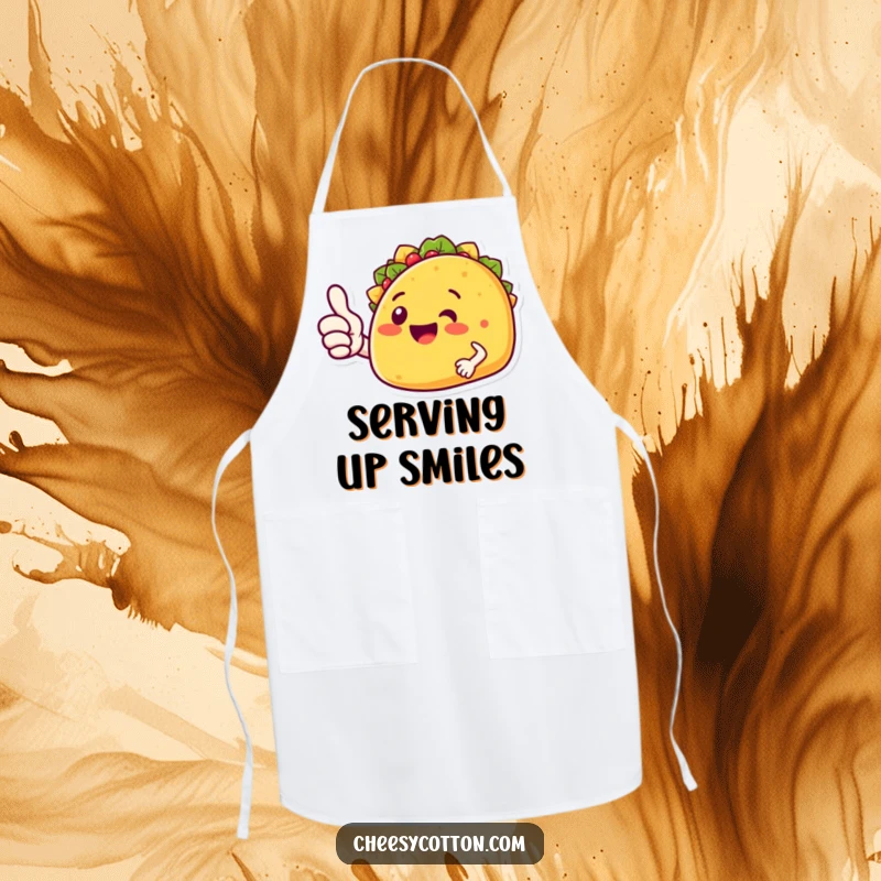 Funny taco character giving a thumbs up, printed on a kitchen apron for humorous and festive cooking.
