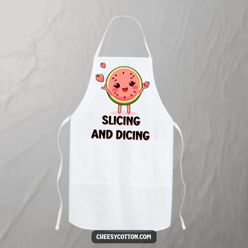 Funny apron depicting a delighted watermelon slice character energetically juggling small fruits while cooking, a humorous kitchen accessory.
