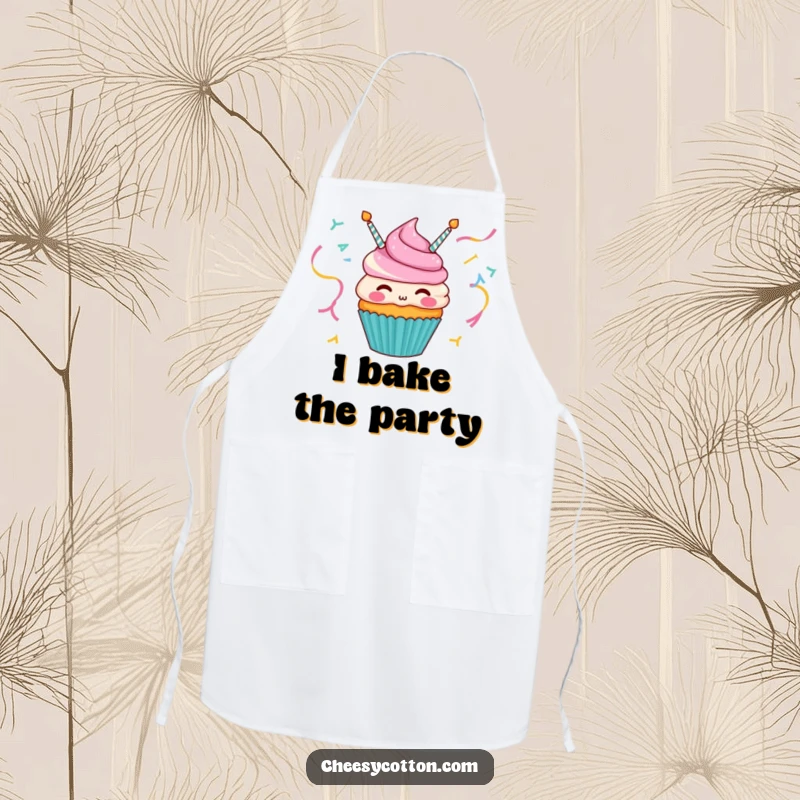 Funny apron featuring a happy cupcake character blowing party streamers, perfect for a joyful cooking experience.