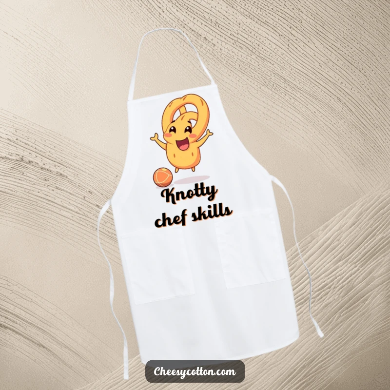 Funny pretzel character joyfully bouncing a rubber ball, durable and fun apron for cheerful cooking and serving.