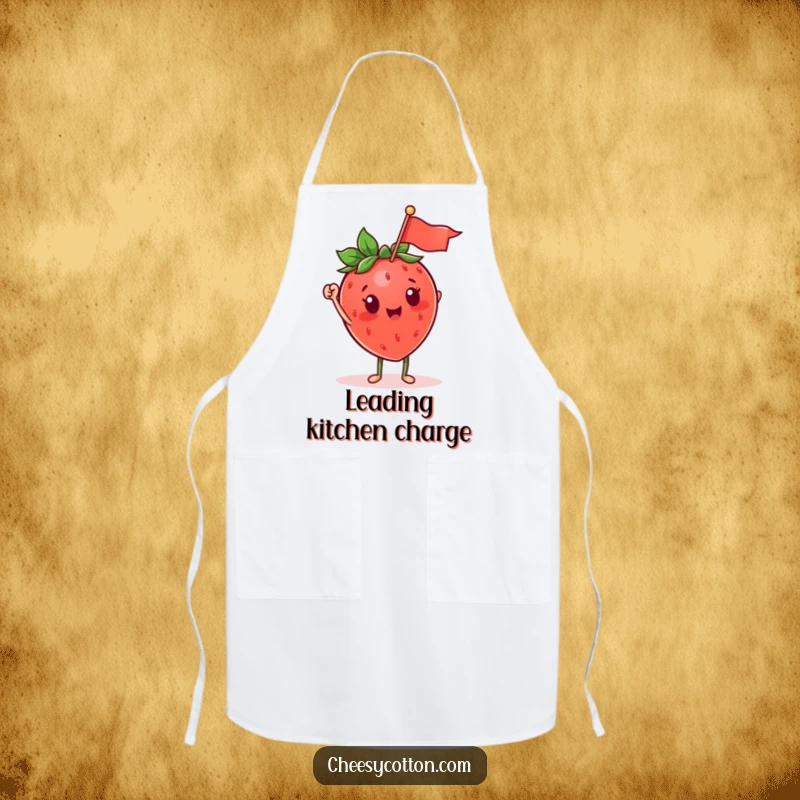 Funny strawberry character enthusiastically waving a tiny flag on a practical kitchen apron, a cheerful cooking accessory.