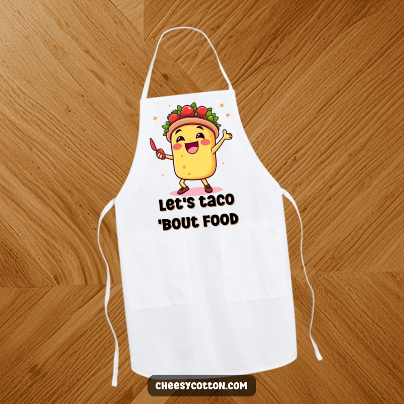 Funny apron for chefs, depicting a happy taco character dancing with a chili pepper, ideal for joyful cooking.