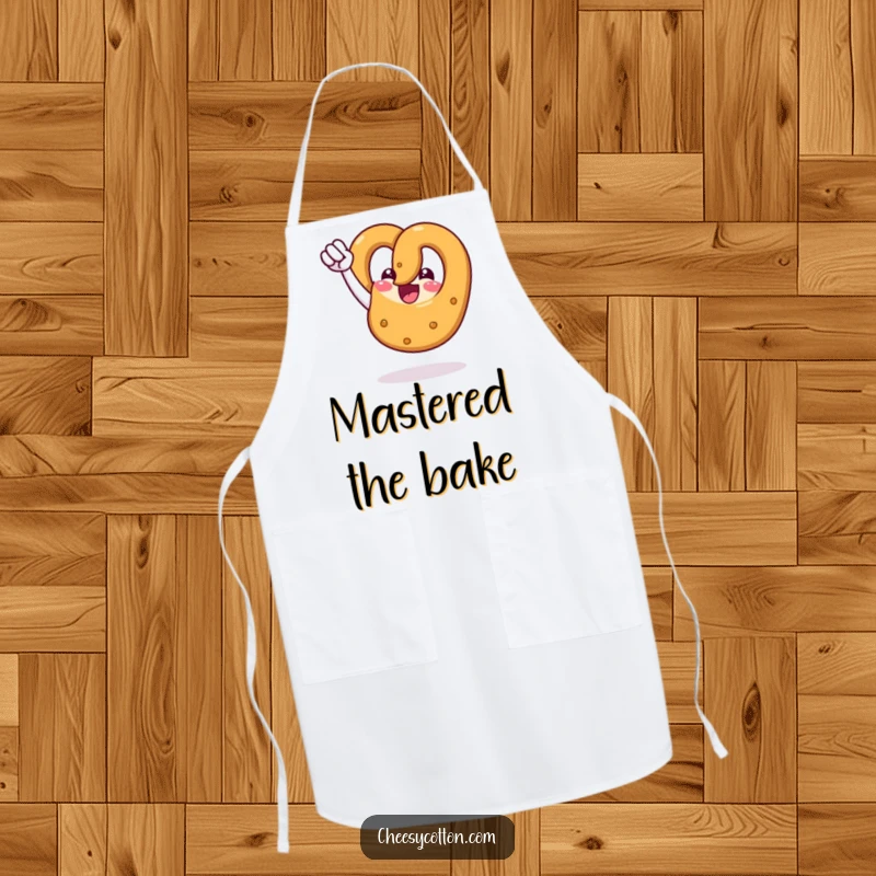 Funny apron design of a celebratory pretzel doing a powerful fist pump, ready to tackle any recipe.