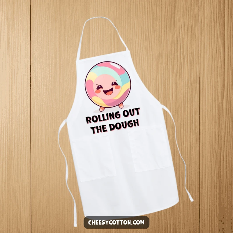 Funny Apron depicting a happy, round candy rolling merrily with a big smile, bringing sweetness and fun to cooking.