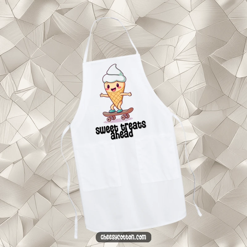 Funny ice cream cone character skateboarding, printed on a kitchen apron for humorous and cool cooking.